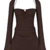 Baby Chocolate Chiffon Cutout Halter Mini Dress