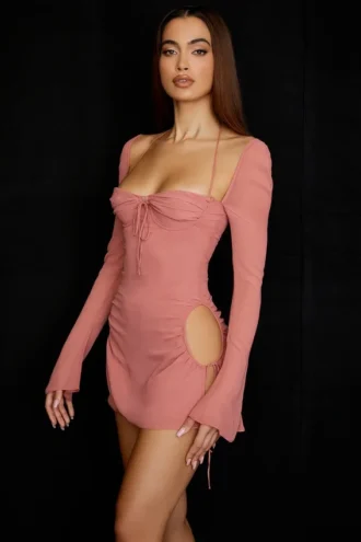 Baby Pink Chiffon Cutout Halter Mini Dress