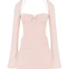 Baby Pink Quartz Chiffon Cutout Halter Mini Dress