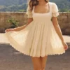 Bambi Ivory Satin + Broderie Anglaise Lace Regency Babydoll Mini Dress