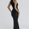 Beau Black Satin Draped Maxi Skirt