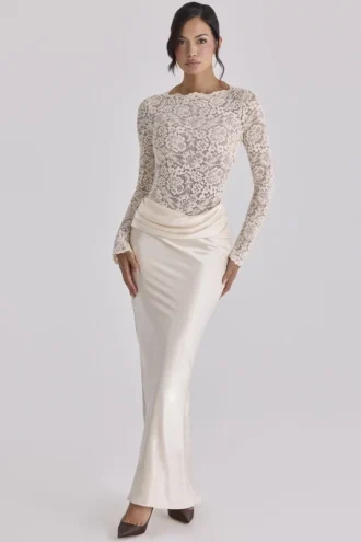 Beau Vintage Ivory Satin Draped Maxi Skirt
