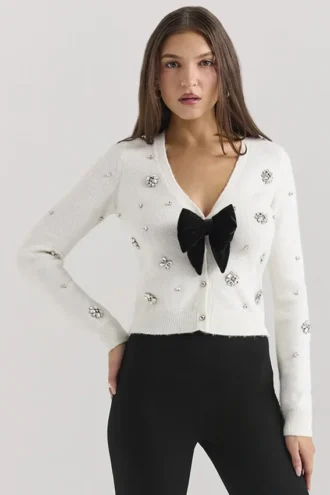 Beaubella Ivory Soft Mohair Embellished Cardigan