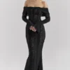 Belle Black Off Shoulder Floral Lace Maxi Dress
