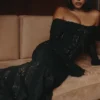 Belle Black Off Shoulder Floral Lace Maxi Dress