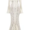 Belle Vintage Cream Floral Lace Off Shoulder Maxi Dress