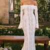 Belle Vintage Cream Floral Lace Off Shoulder Maxi Dress
