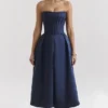 Bellina Midnight Blue Strapless Detachable Bow Midi Dress
