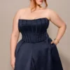 Bellina Midnight Blue Strapless Detachable Bow Midi Dress