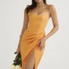 Bianca Tangerine Satin Pleated Corset Midi Dress