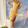 Bianca Tangerine Satin Pleated Corset Midi Dress