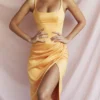 Bianca Tangerine Satin Pleated Corset Midi Dress