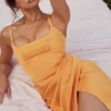 Bianca Tangerine Satin Pleated Corset Midi Dress