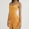 Bianca Tangerine Satin Pleated Corset Midi Dress