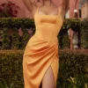 Bianca Tangerine Satin Pleated Corset Midi Dress