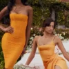 Bianca Tangerine Satin Pleated Corset Midi Dress