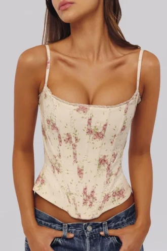 Cadie Ivory Vintage Rose Print Cotton Corset Top