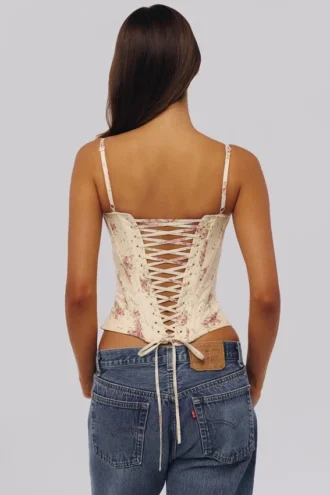 Cadie Ivory Vintage Rose Print Cotton Corset Top