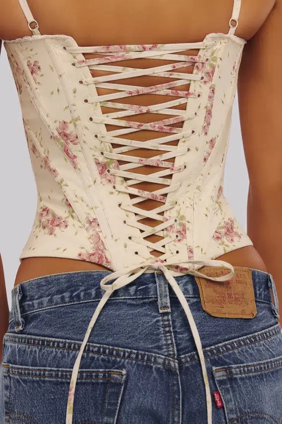Cadie Ivory Vintage Rose Print Cotton Corset Top