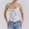 Cadie White Floral Ribbon Print Cotton Corset Top