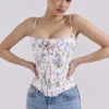 Cadie White Floral Ribbon Print Cotton Corset Top
