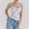 Cadie White Floral Ribbon Print Cotton Corset Top