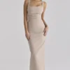 Calandra Taupe Stretch Crepe Ruched Maxi Dress