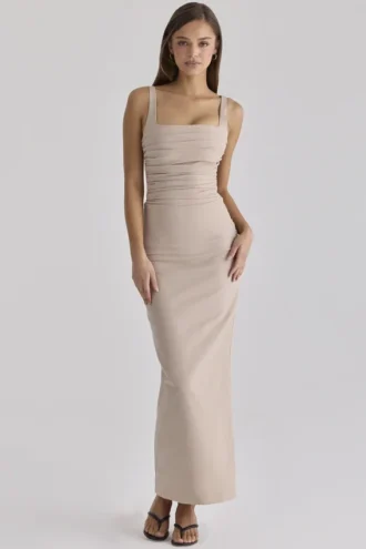 Calandra Taupe Stretch Crepe Ruched Maxi Dress