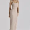 Calandra Taupe Stretch Crepe Ruched Maxi Dress