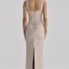 Calandra Taupe Stretch Crepe Ruched Maxi Dress