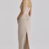 Calandra Taupe Stretch Crepe Ruched Maxi Dress