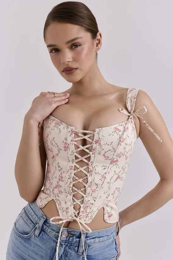 Callie Cream Vintage Floral Cotton Corset Top