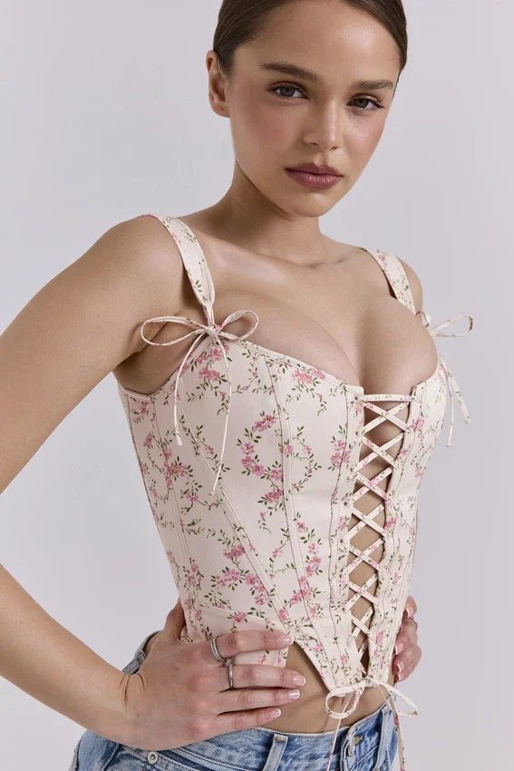 Callie Cream Vintage Floral Cotton Corset Top