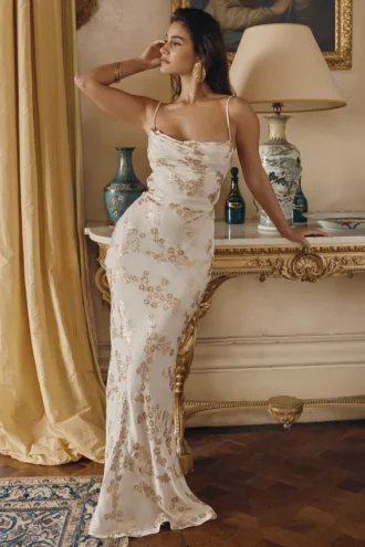 Capriana White & Gold Jacquard Satin Gown