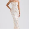 Capriana White & Gold Jacquard Satin Gown