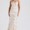 Capriana White & Gold Jacquard Satin Gown