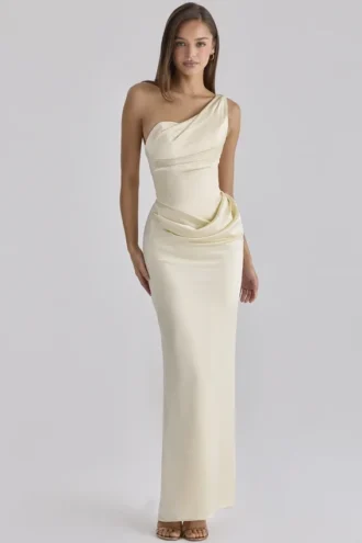 Caprice Lemon One Shoulder Satin Maxi Dress