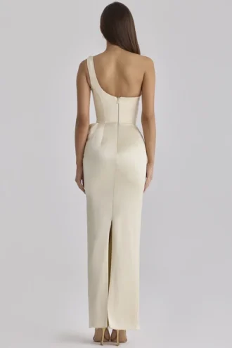 Caprice Lemon One Shoulder Satin Maxi Dress