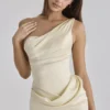 Caprice Lemon One Shoulder Satin Maxi Dress
