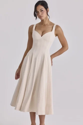 Carlotta Vintage Ivory Twill Silhouette Midi Dress