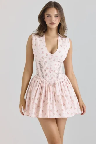 Carmel Pink Stretch Cotton Floral Print Mini Dress