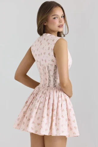 Carmel Pink Stretch Cotton Floral Print Mini Dress
