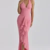 Carmine Raspberry Mesh Halter Neck Waterfall Maxi Dress
