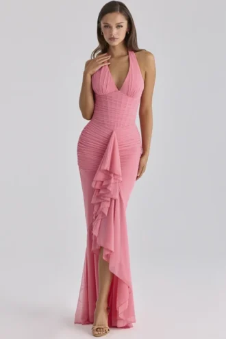 Carmine Raspberry Mesh Halter Neck Waterfall Maxi Dress