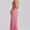 Carmine Raspberry Mesh Halter Neck Waterfall Maxi Dress