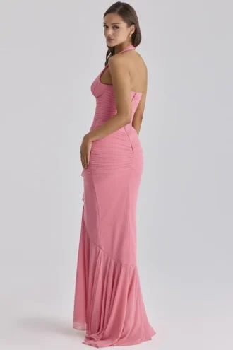 Carmine Raspberry Mesh Halter Neck Waterfall Maxi Dress