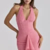 Carmine Raspberry Mesh Halter Neck Waterfall Maxi Dress