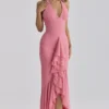 Carmine Raspberry Mesh Halter Neck Waterfall Maxi Dress