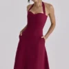 Carolla Wine Soft Twill Halter Neck Midi Dress