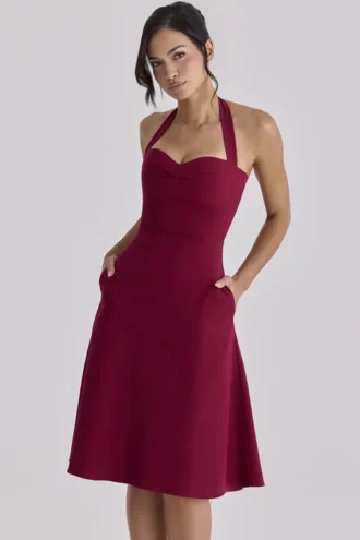 Carolla Wine Soft Twill Halter Neck Midi Dress